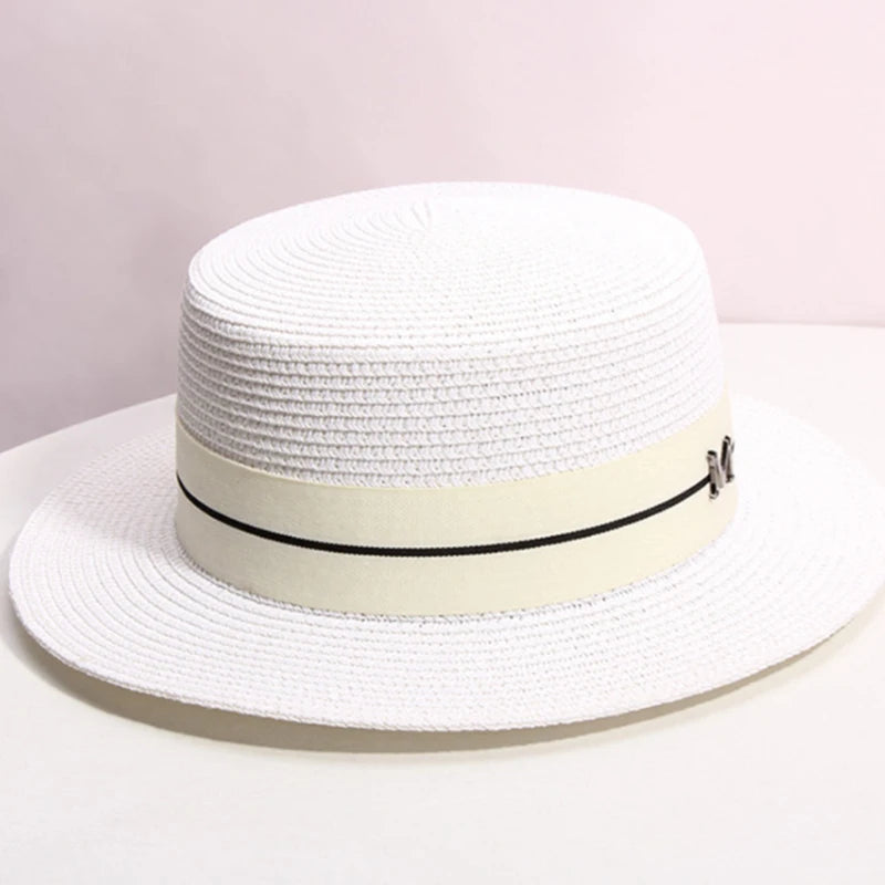 KIMLUD, Hat For Women Panama Hat Summer Beach Hat Female Casual Lady Girls Flat Brim Straw Cap Girls Sun Hat Chapeu Feminino, White / 56-58cm, KIMLUD APPAREL - Womens Clothes