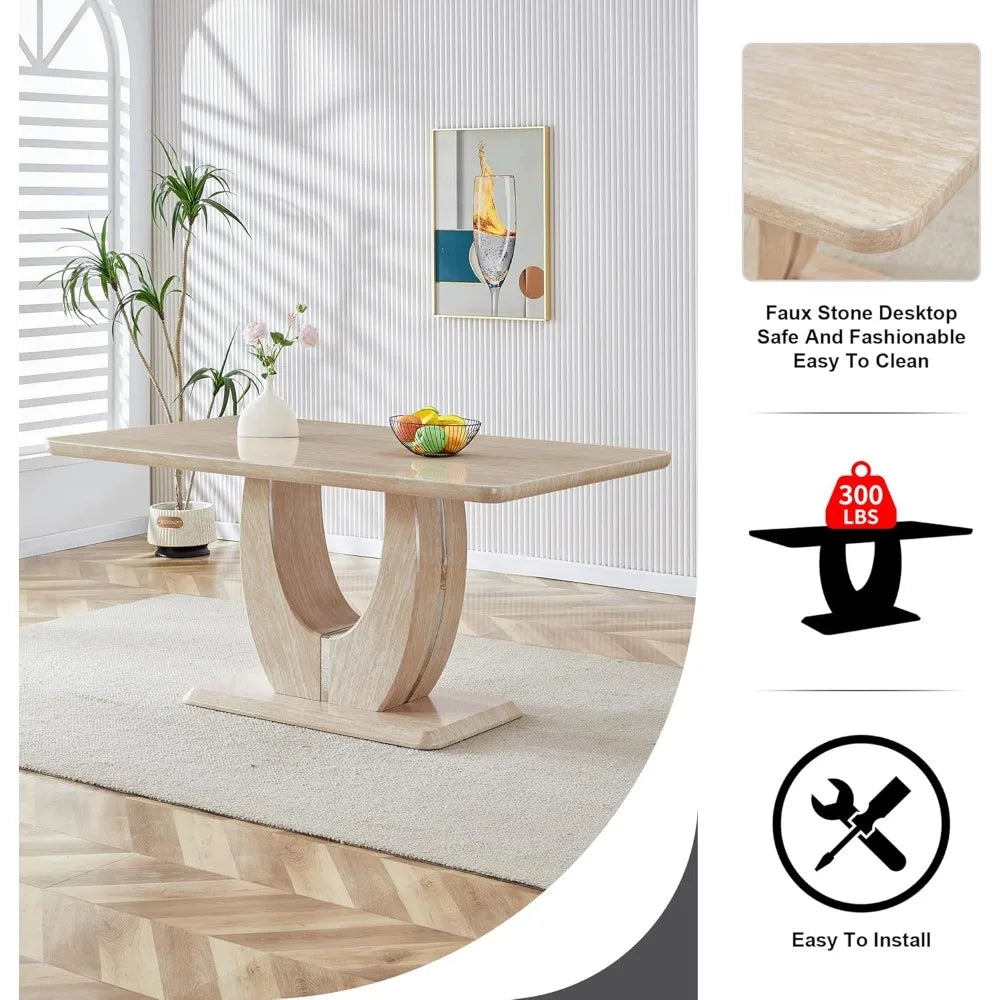 Modern Wooden Dining Table Set for6,Rectangula Kitchen Table Set with Faux Marble Tabletop＆6 Pu Leather Upholstered Chairs Ideal