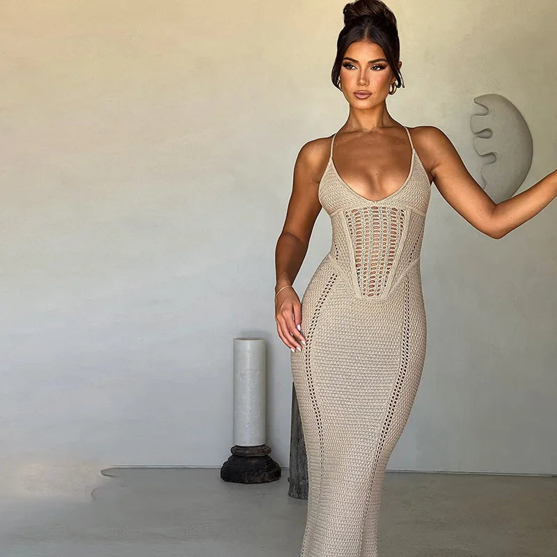 Bandage Backless Sexy Hollow Out Bodycon Beach Dress Sundress Women Summer Sleeveless V Neck Y2K Streetwear Maxi Long Dresses