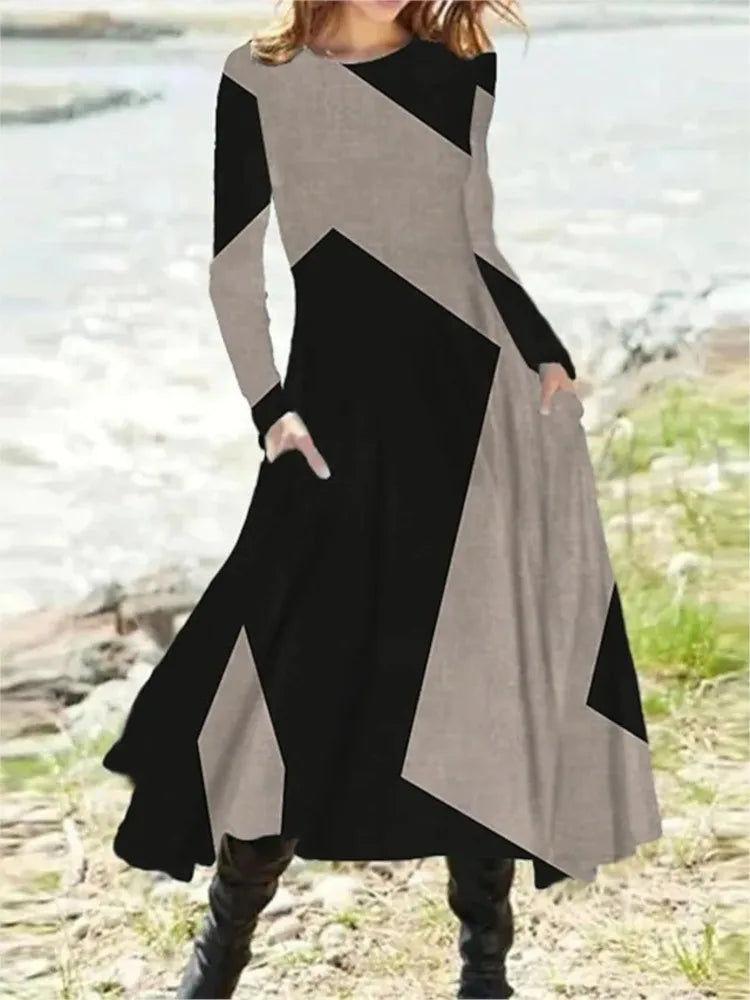 Women's Autumn Winter New Casual Retro Style Fashionable Geometric Print Long Sleeved Round Neck Oversized Swing Long Skirt