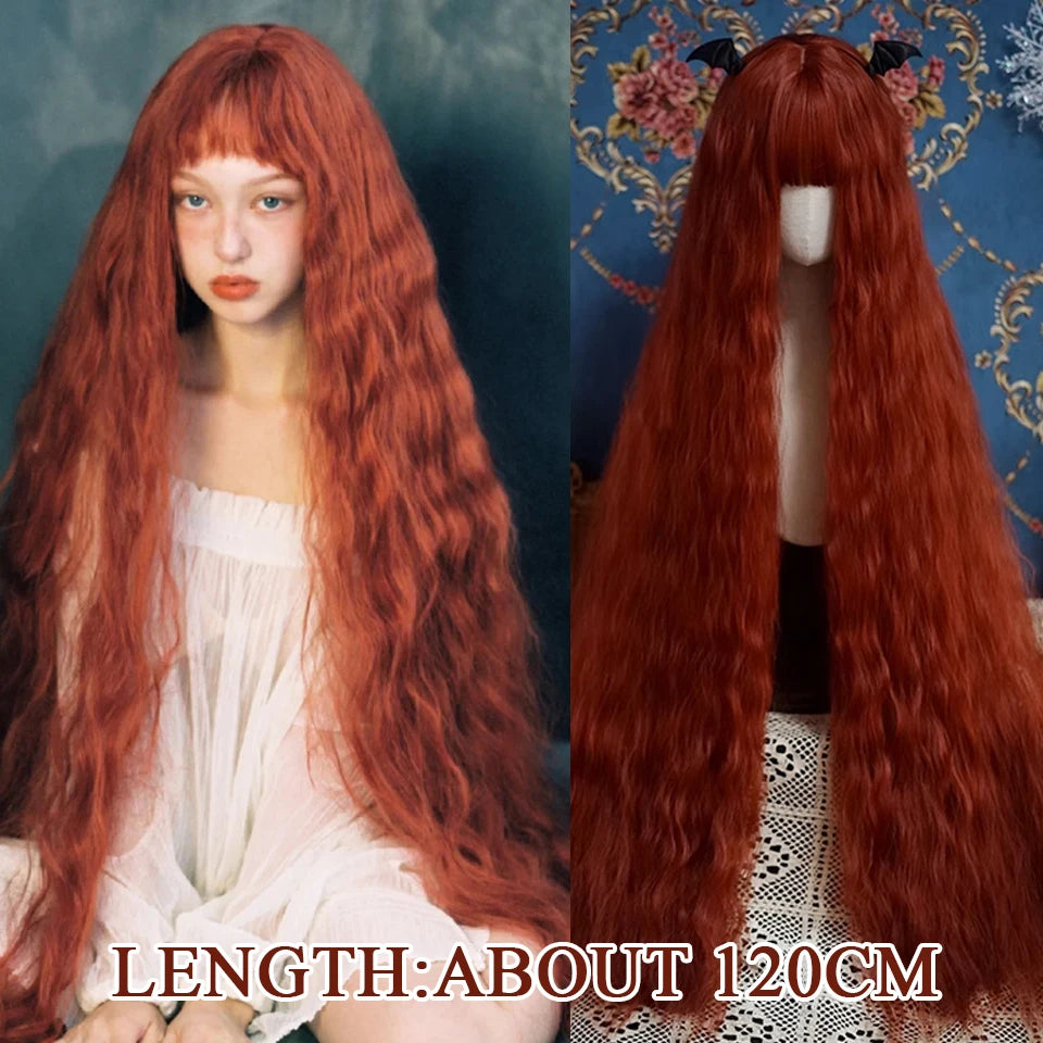 KIMLUD, 120cm Long Wavy Hair Synthetic Wigs Female Red Brown Coaplay Lolita Wig With Bangs Natural Hair Wigs Women Heat Fesistant  Fiber, 1, KIMLUD APPAREL - Womens Clothes