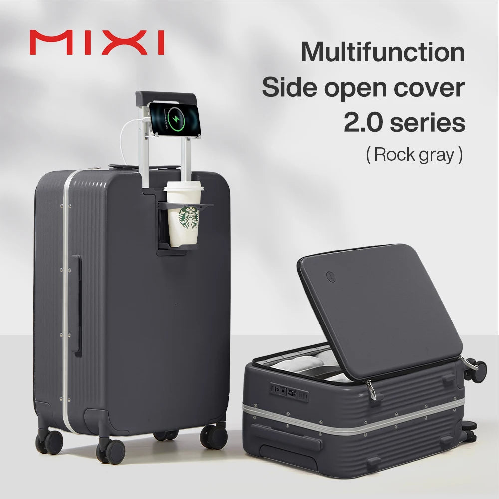 Mixi New Aluminum Frame Suitcase Carry On Rolling Luggage with USB Port Boarding Cabin Cup and Phone Holder 20 24 Inch - KIMLUD