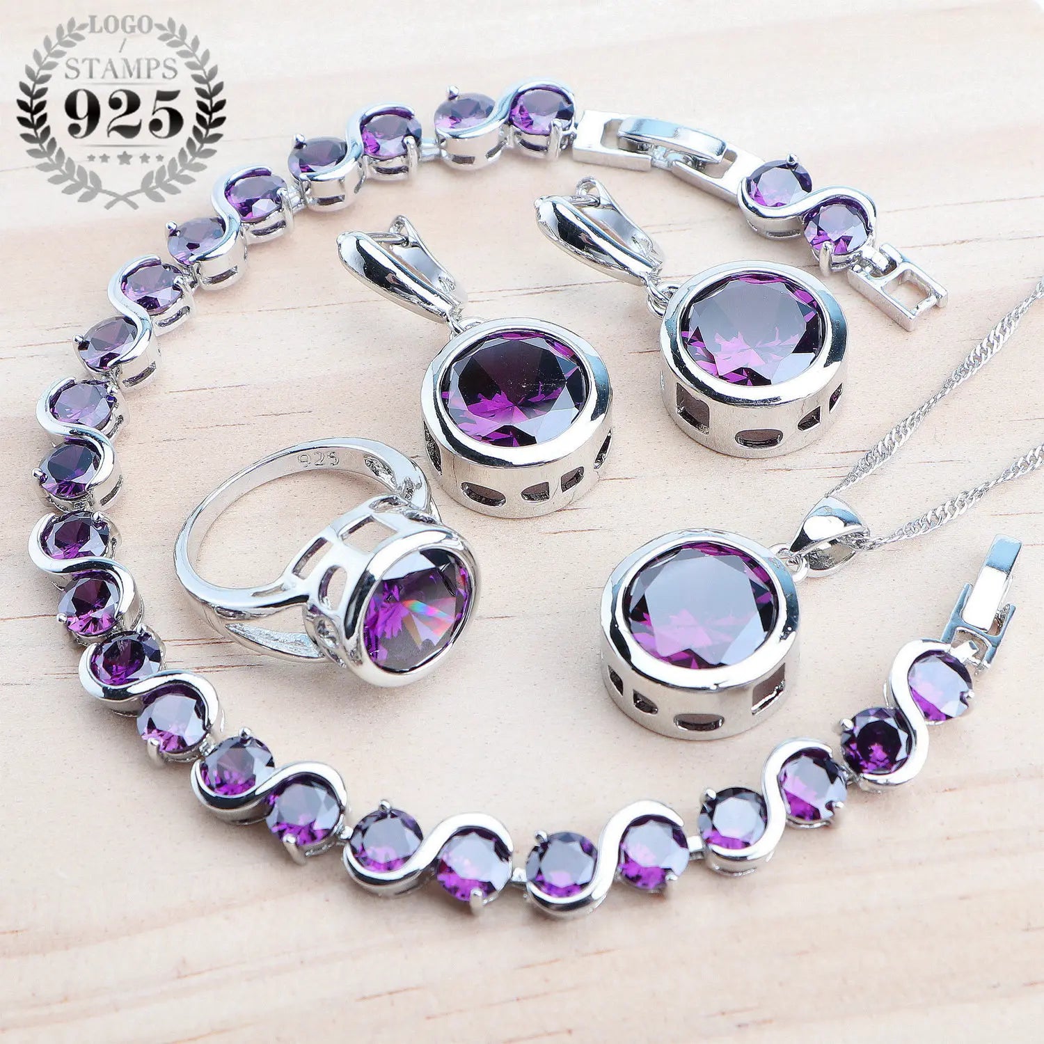 925 Sterling Silver Jewelry Sets Bridal Women Natural Magic Rainbow Zircon Earrings Ring Bracelets Pendant Wedding Necklace Set - KIMLUD