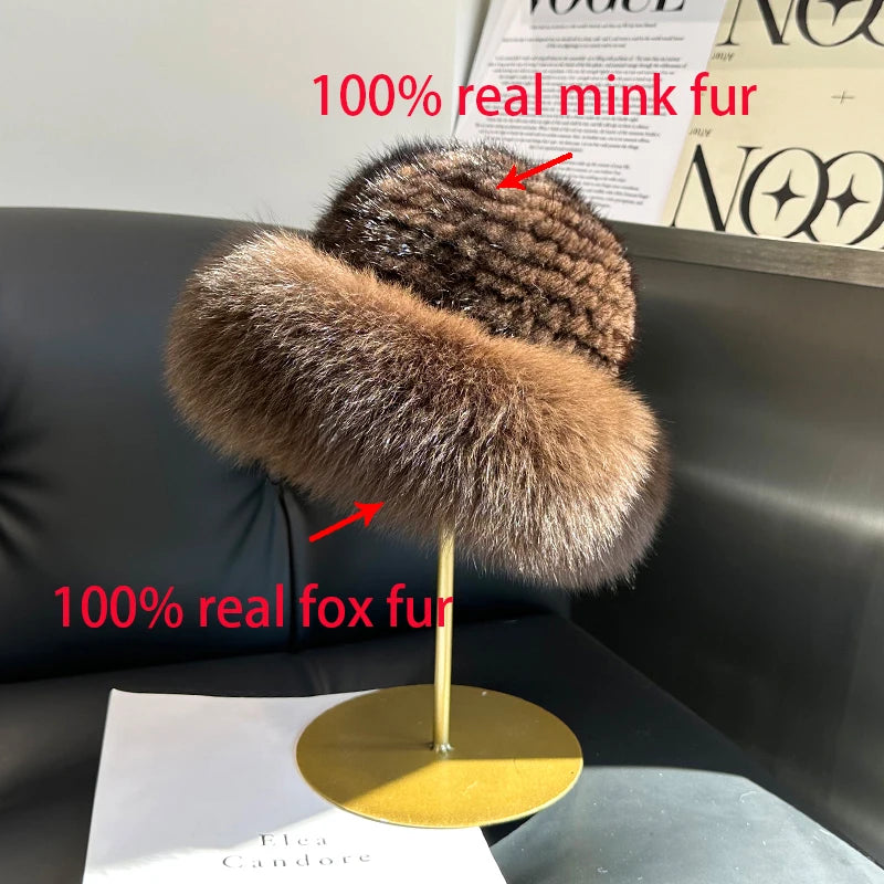 KIMLUD, New Genuine Real Natural Mink Fur Hat Cap Luxury Women Handmade Knitted Fashion Winter Headwear Warm Real Fox Fur Beanies, KIMLUD Womens Clothes