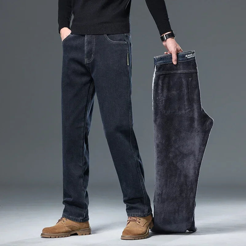 Winter Korean Fashion Brushed Jeans for Men's Thickened Warm Elastic Slim Comfortable Straight Fleece Denim Trousers