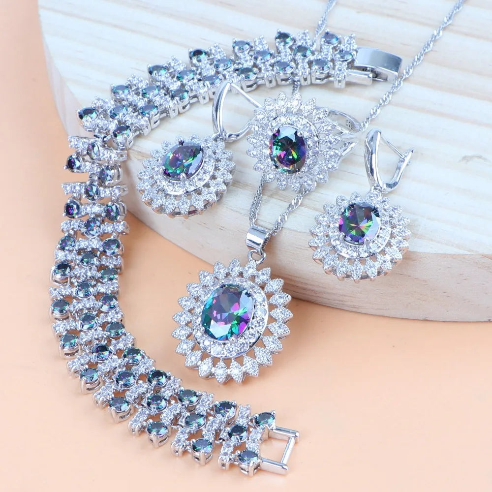 KIMLUD, Natural Bridal Jewelry Sets Silver 925 Jewelry Ring Pendant Necklace Earrings Bracelets Wedding Blue Cubic Zircon Set For Women, 4PCS-Rainbow / 7, KIMLUD APPAREL - Womens Clothes