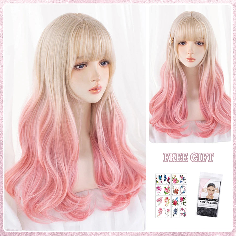 LM Long Natural Wavy Platinum Blonde Pink Wigs with Bangs Cosplay Party Lolita Synthetic Wigs for Women Heat Resistant Fiber