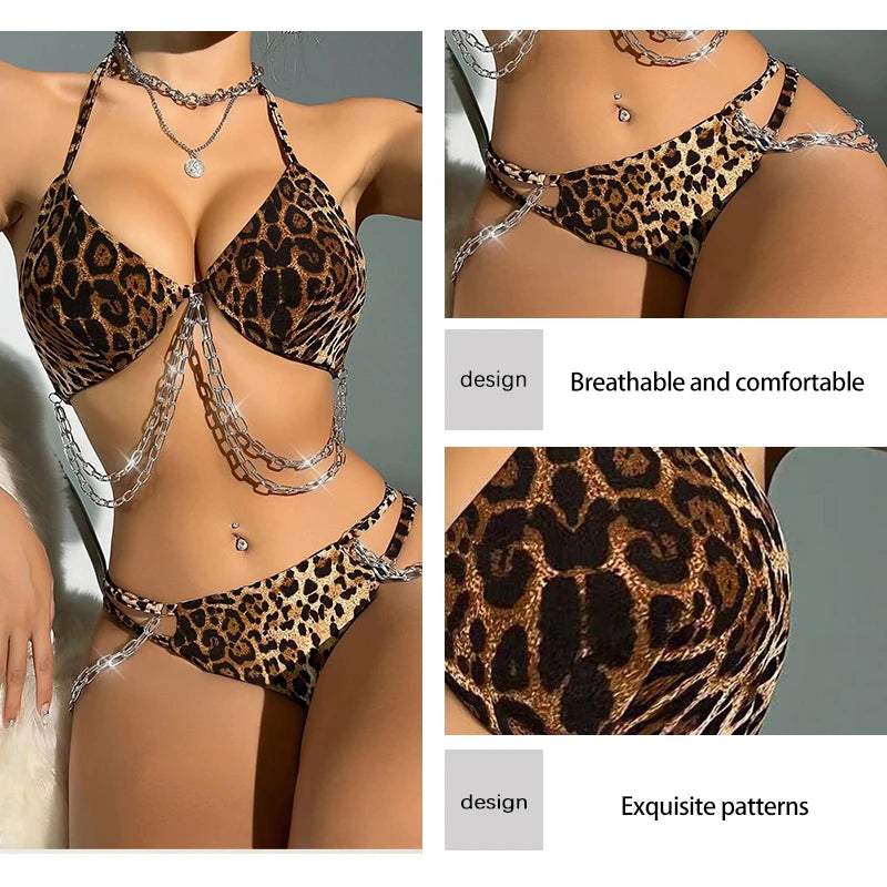 KIMLUD, Two Piece Women's Leopard Print Bikini Lingerie Set Women's Printed Leopard Print with Chain Triangle Cut Sexy Lingerie Set, KIMLUD Womens Clothes