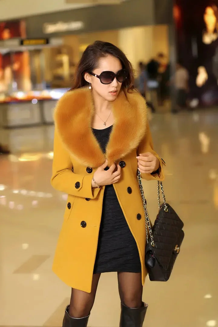 Mid Length Wool Coats Women Fur Collar Splice Blends Korean Full Sleeve Double Breasted Lace Up Belt Thick Warm Winter Jackets