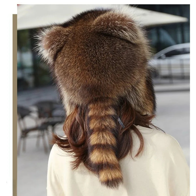 trend Raccoon Fur Cap Tail Women Natural Raccoon Fur Caps Ushanka Hats for Winter Thick Warm Ears Fashion Bomber Pom Pom Hat