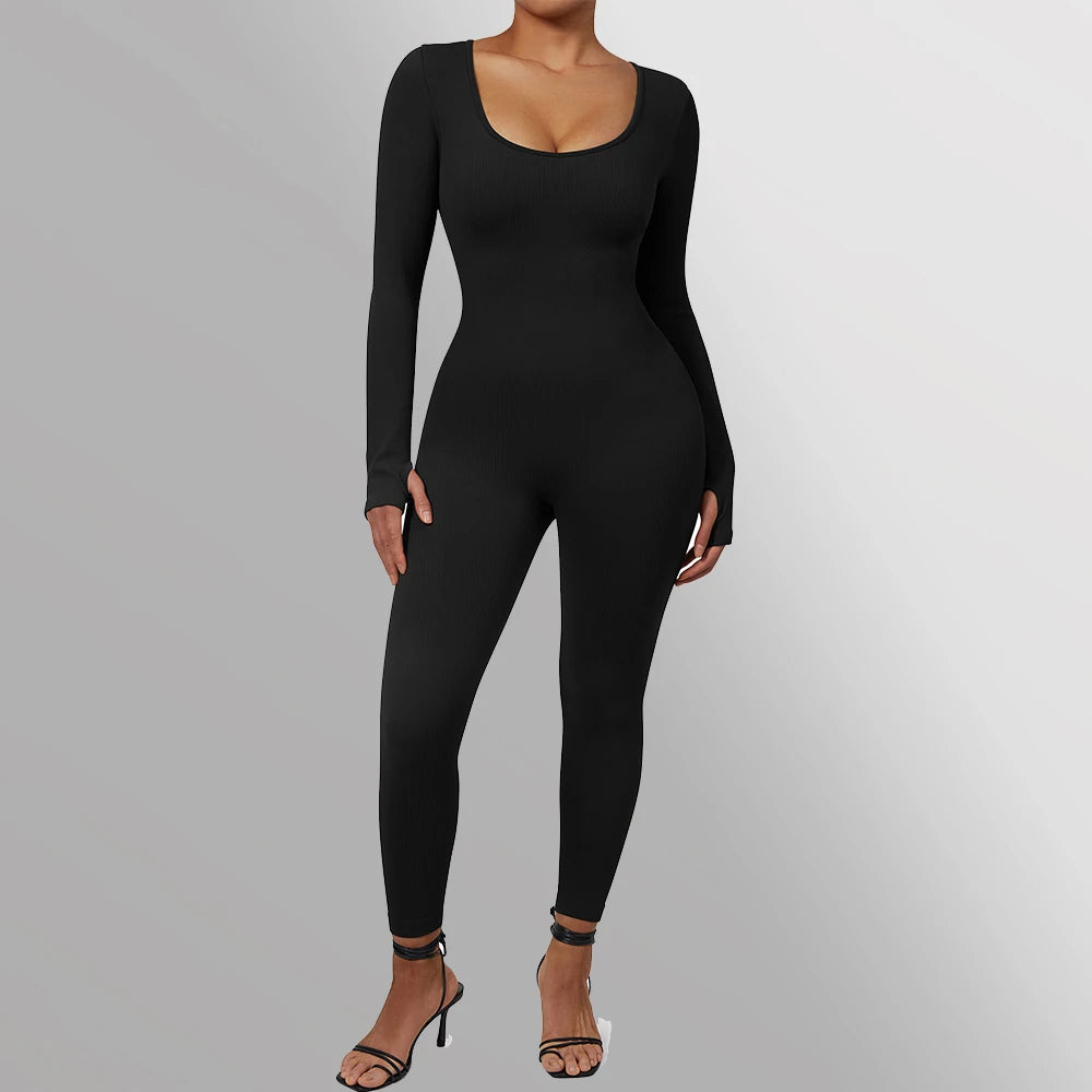 Long Sleeve Jumpsuit Women Bodycon One-piece Outfit Jumpsuit Square Neck Casual Streetwear Rompers Overalls playsuits Bodysuit