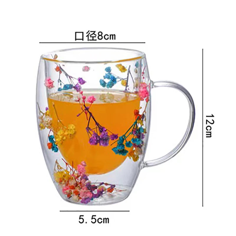 KIMLUD, 350ml Double Wall Coffee Mug With Handles Clear Milk Cups Gifts Glass Cup Fill Artificial Simulation Flowers Teacup, KIMLUD Womens Clothes