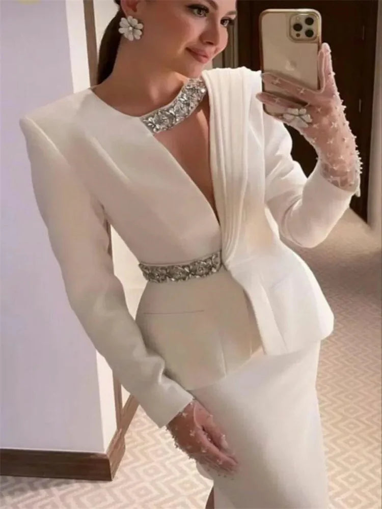 Evening Dresses Full Sleeves Jacket Formal Dresses 2024 Beads Cocktail Party Dresses Saudi Arabia Dubai Prom Gown  فساتين طويلة