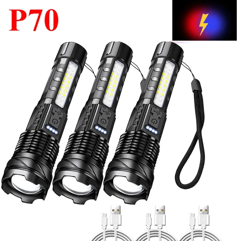 Super Bright P70/G50 Flashlight Powerful 8Modes Emergency Tactical Power Display Light 18650 Built-in Rechargeable T6+COB Torch