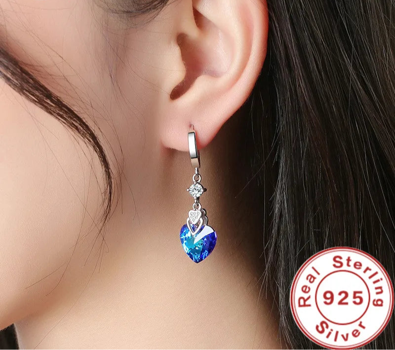 KIMLUD, 925 Sterling Silver Earrings Blue Crystal Heart-Shaped Zircon Earrings For A Woman'S Engagement Charm Jewelry Gift, KIMLUD Womens Clothes