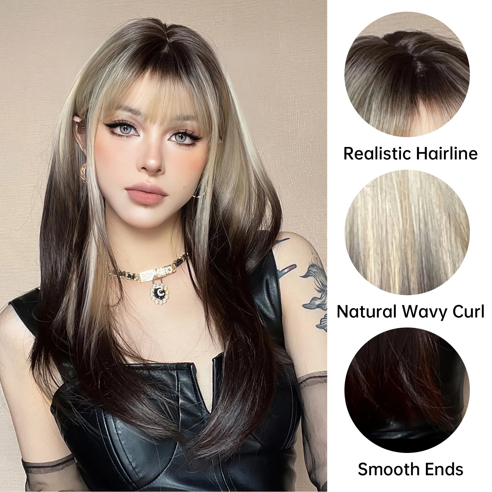 KIMLUD, Ombre Synthetic Straight Cosplay Women Hair Platinum Blonde to Black Hair Long Layered Natural Wigs with Bangs for White Women, KIMLUD Womens Clothes