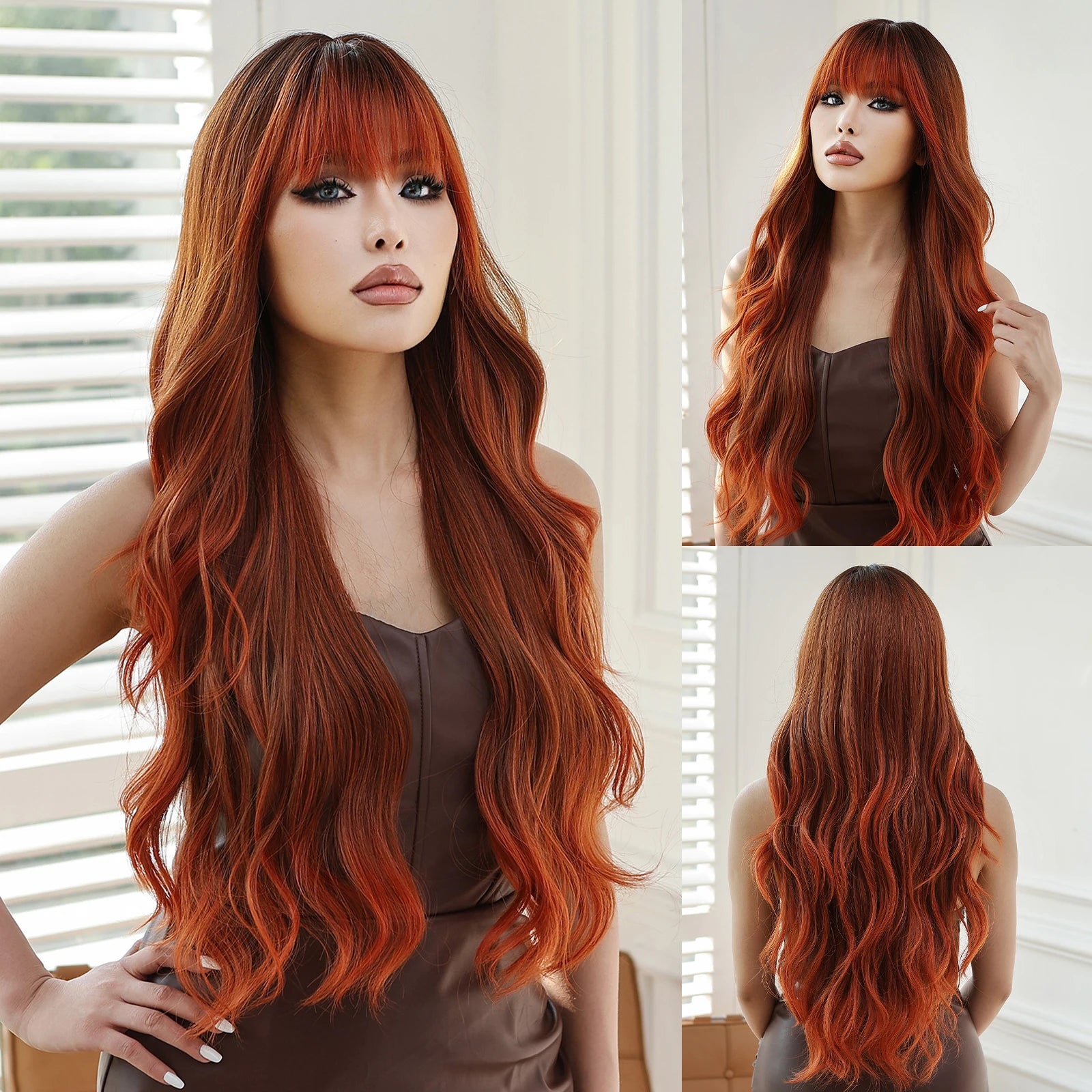 ESIN Red Brown Wavy Synthetic Wigs with Bangs Long Natural Wave Wig for Women Halloween Cosplay Party Colored Wig Heat Resistant