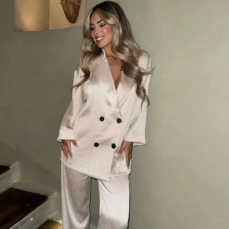 Fashion 2 Piece Sets Women Outfit Elegant Double Breasted Blazer Jacket Wide Leg Pants Set High Street Office Lady Loose Suit