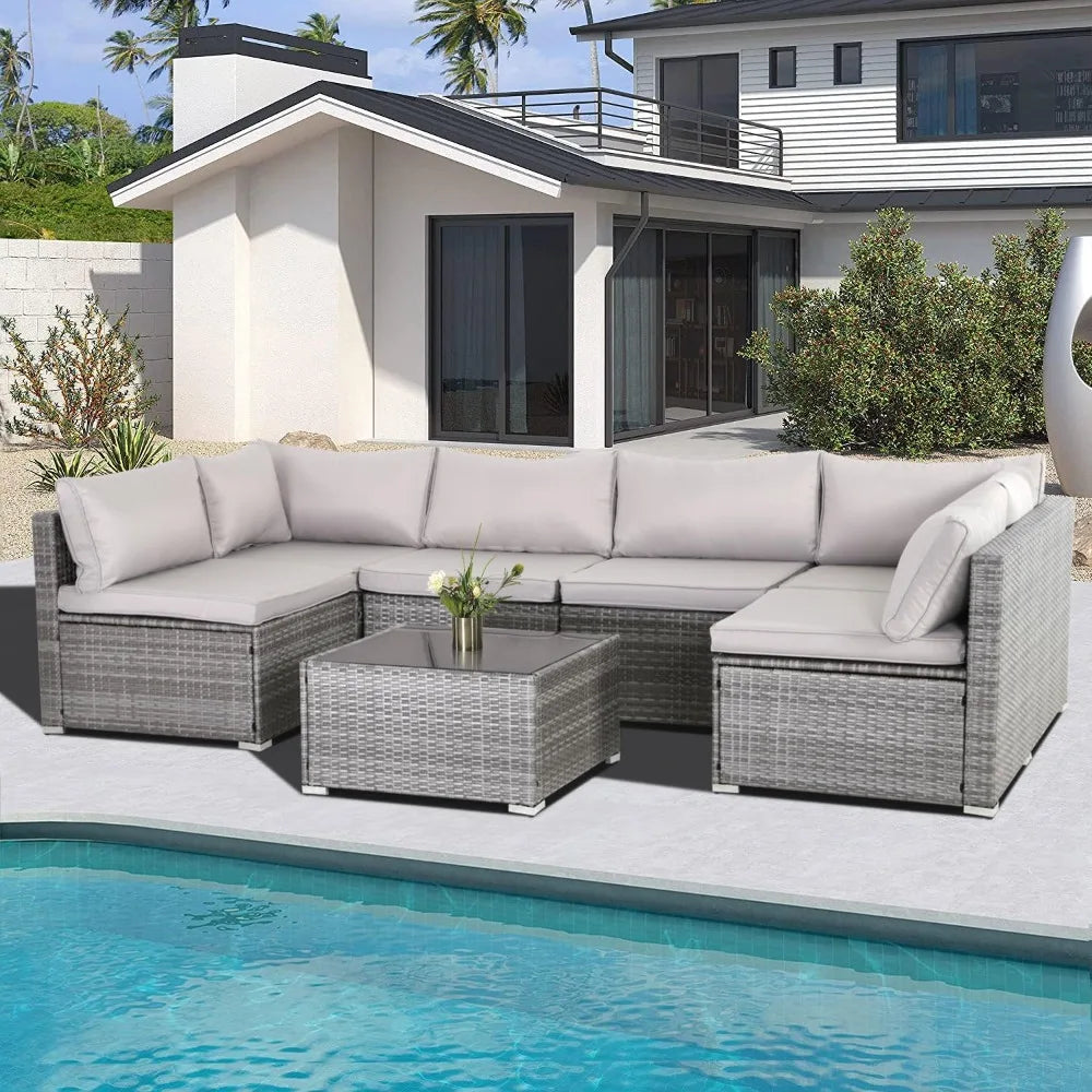 7-piece courtyard furniture set, modular wicker outdoor segmented sofa, PE wicker outdoor setL  W   H  28.5*25.6*25.6 inch