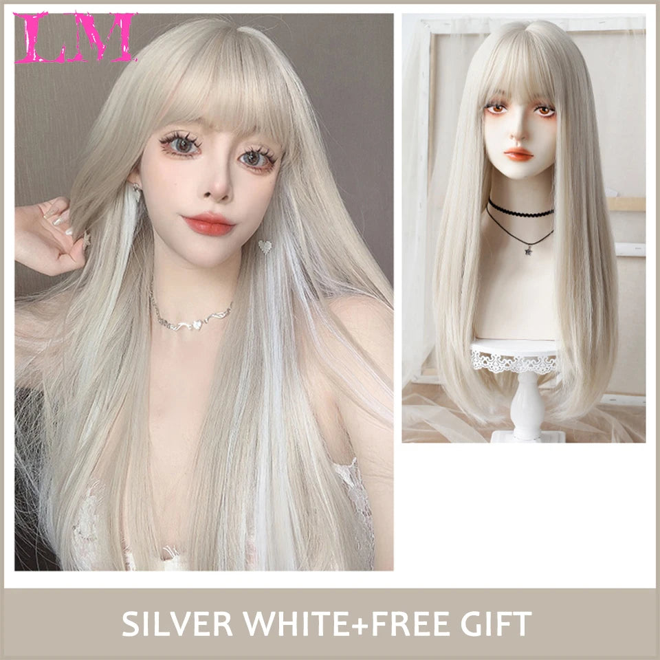 LM Long Natural Wavy Platinum Blonde Pink Wigs with Bangs Cosplay Party Lolita Synthetic Wigs for Women Heat Resistant Fiber