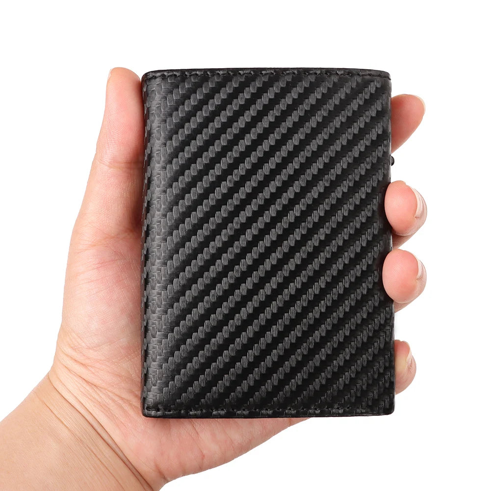 Carbon Fiber Mens Wallet Card Holder RFID Blcoking Pop Up Aluminum Cards Case Slim Male Front Pocket with Banknote Compartment - KIMLUD