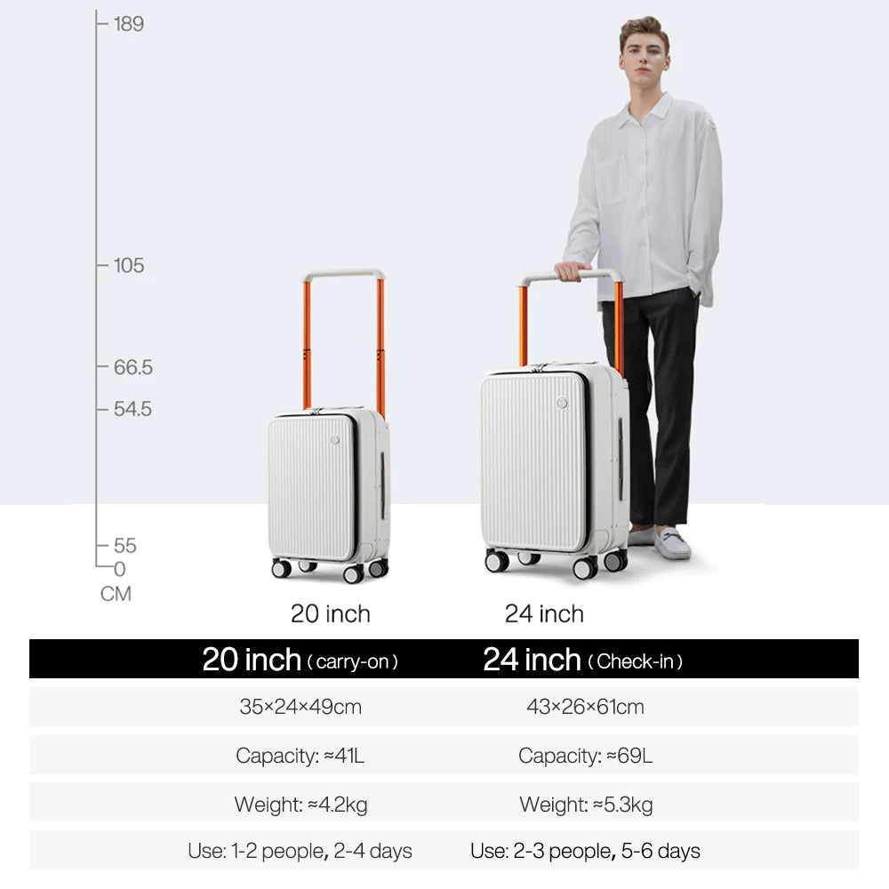 Mixi Front Laptop Pocket Suitcase Wide Handle Travel Suitcase Men 20''Carry-On Luggage Women PC Aluminum Frame Trolley Case 24'' - KIMLUD