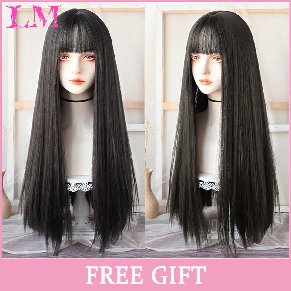 LM Long Natural Wavy Platinum Blonde Pink Wigs with Bangs Cosplay Party Lolita Synthetic Wigs for Women Heat Resistant Fiber