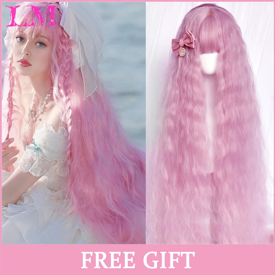 LM Long Natural Wavy Platinum Blonde Pink Wigs with Bangs Cosplay Party Lolita Synthetic Wigs for Women Heat Resistant Fiber