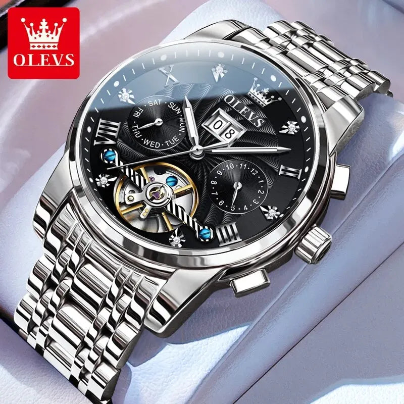OLEVS 9910 Tourbillon Automatic Watch for Men Luxury Skeleton Men's Mechanical Wristwatch Stainless Steel Top Original Man Watch