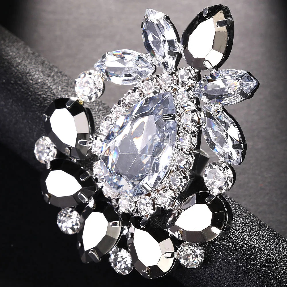 Stonefans Exaggerated Rhinestone Large Ring Finger Decoration Women Wedding Adjustable Gemstone Open Ring Jewelry Accessories