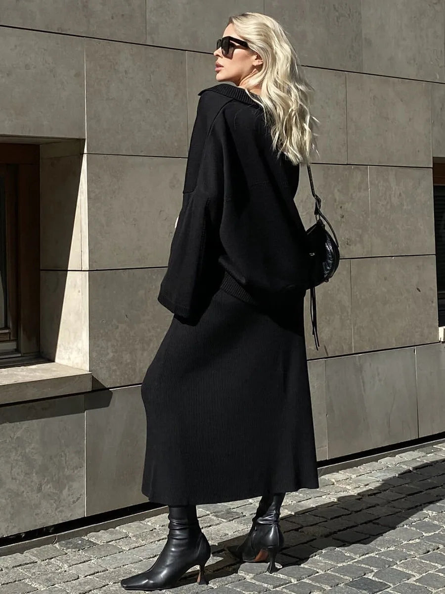 KIMLUD, DEAT Fashion Women's 2 Pcs Set V-neck Loose Fit Long Sleeves Sweater High Waist Ankle-length Skirt Suit Autumn 2024 New 7AB4889, Black / L, KIMLUD APPAREL - Womens Clothes