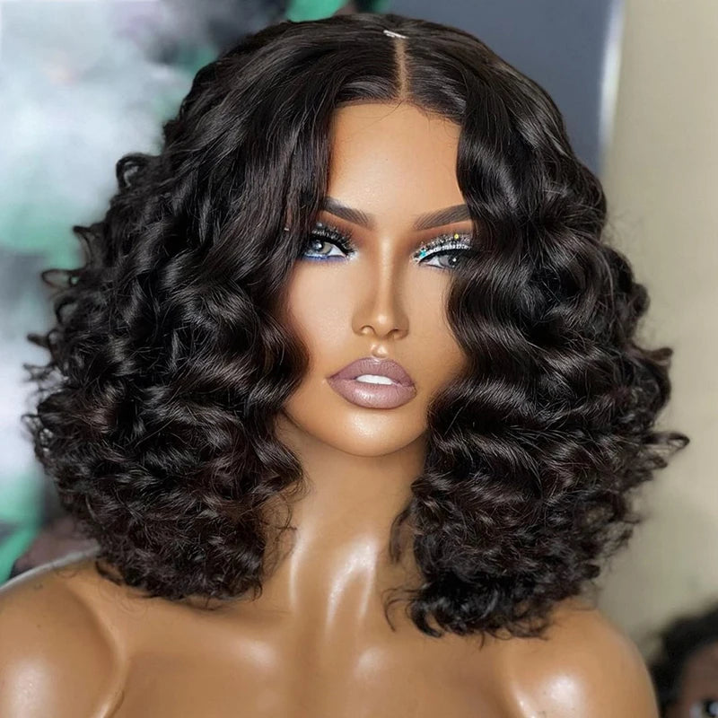 Short Bob Soft 180Density Deep Wave Curly Natural Black Color Lace Front Wig For Women With Baby Hair Glueless Preplucked Daily