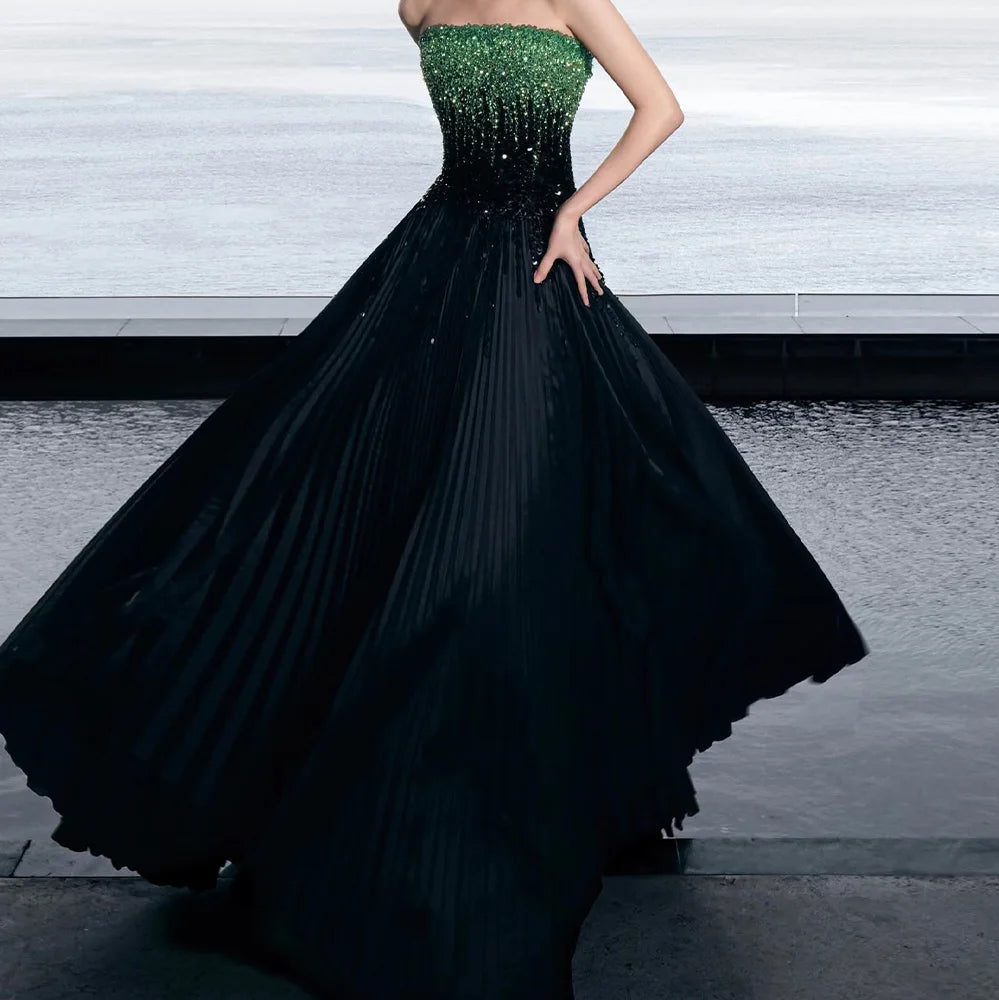 customizedJersey Sleeveless Strapless Floor Length A-LineEvening Dress Sweep Train Sequined and Crystal Formal Photo Color Prom