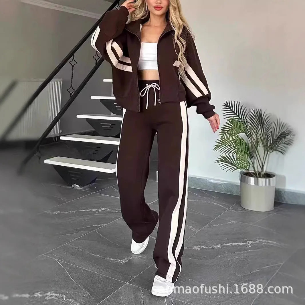 Two Piece Set Women Fashion Striped Splicing Lapel Zipper Coat High Waist Pants Outfit Autumn Winter Long Sleeve Suit Tracksuit