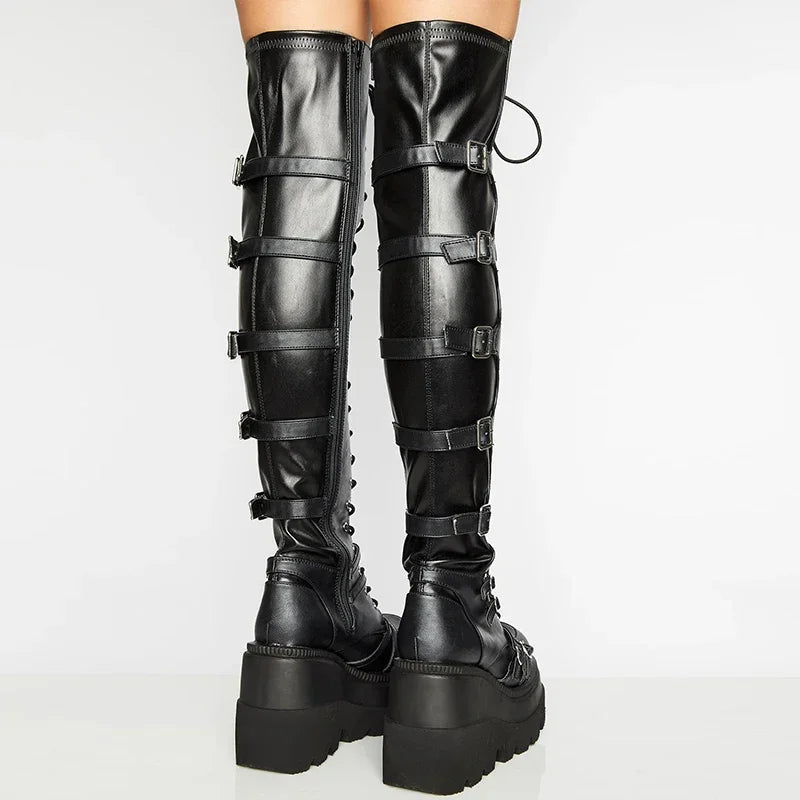 Punk Over-the-knee Boots Women Platform Heels Belt Buckle  Boot Motorcycle Goth Shoe Thigh High Flat Boots Plus Size 42 43