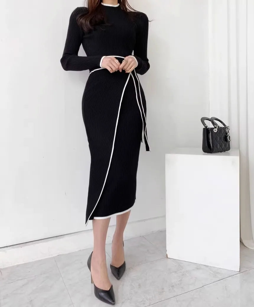 YuooMuoo Elegant Lace Up Turtleneck Knitted Long Dress Korean Fashion Khaki Black Rib Bandage Bodycon Sweater Dress Robe Femme