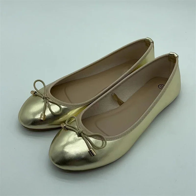 Eilyken Gold Silver Elegant Bowknot Round Toe Women's Flat Comfort Slip-On Ladies Ballerina Single Mules Shoes Zapatos Mujer