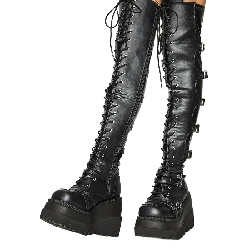 Women's Punk Over-the-Knee Boots: Platform Heels with Belt Buckle, Thigh High Goth Motorcycle Flat Boots in Plus Sizes