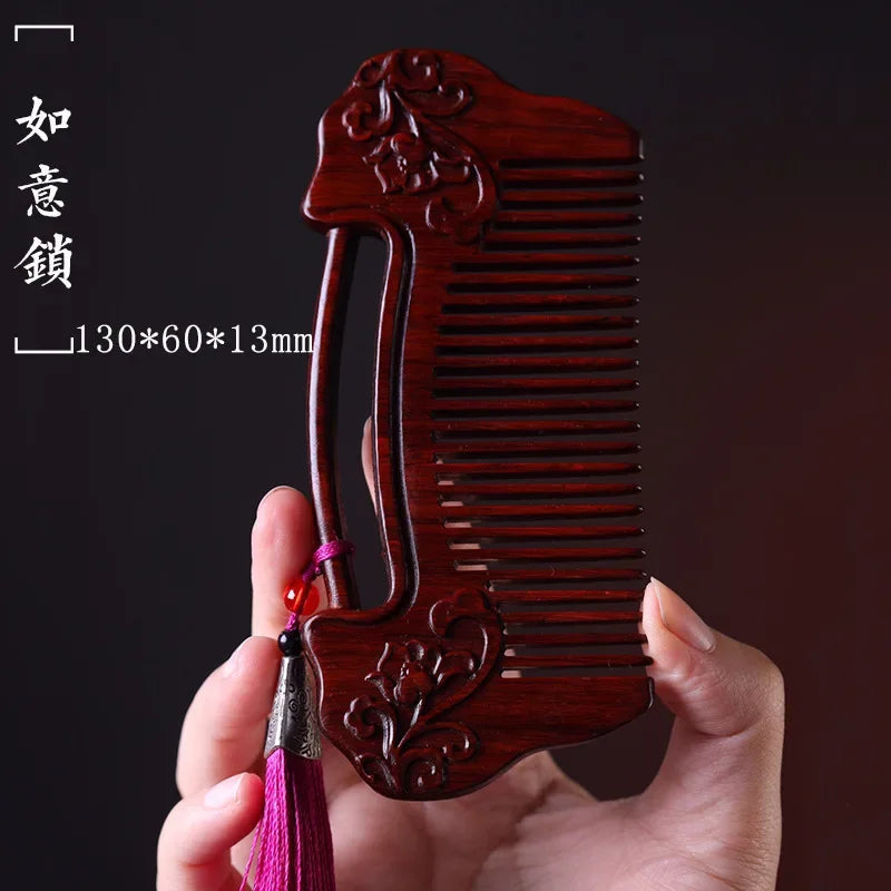 Natural Rhinoceros Horn Small Leaf Red Sandalwood Carved Wood Comb Retro Style Massage Comb Gifts with comb - KIMLUD