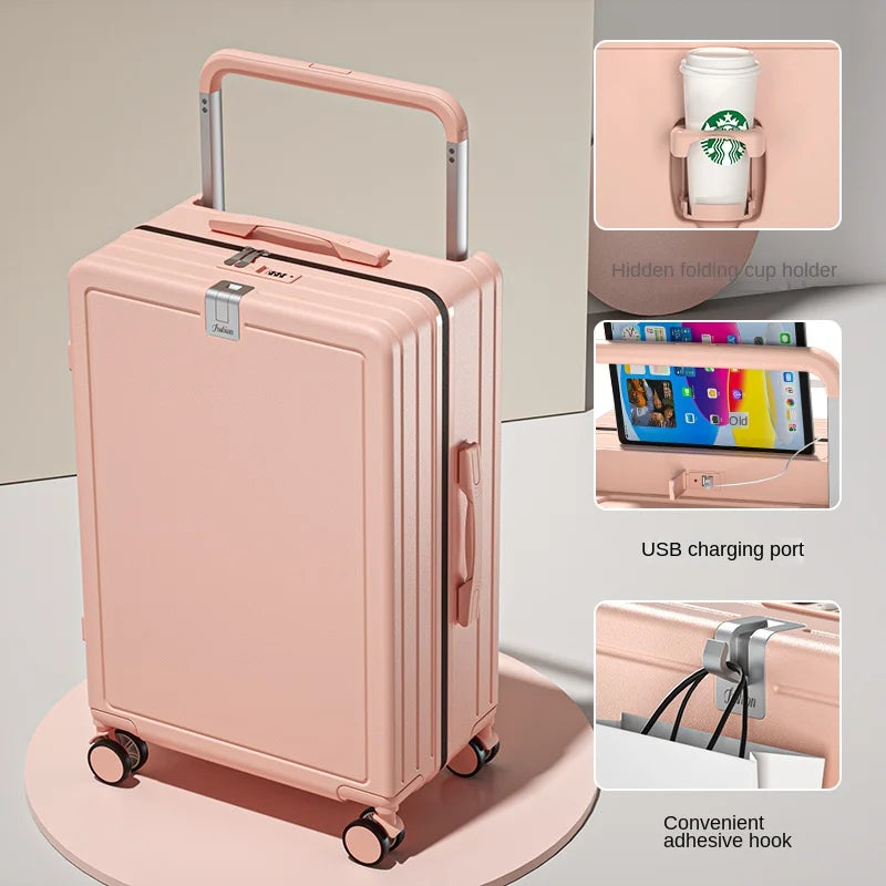 KIMLUD, Multifunctional Draw-Bar Suitcase Zipper Wide Handle Trolley Luggage with Cup Holder USB Port Trip Boarding Case Spinner 20 inch, pink / 26Inches 650mm, KIMLUD APPAREL - Womens Clothes