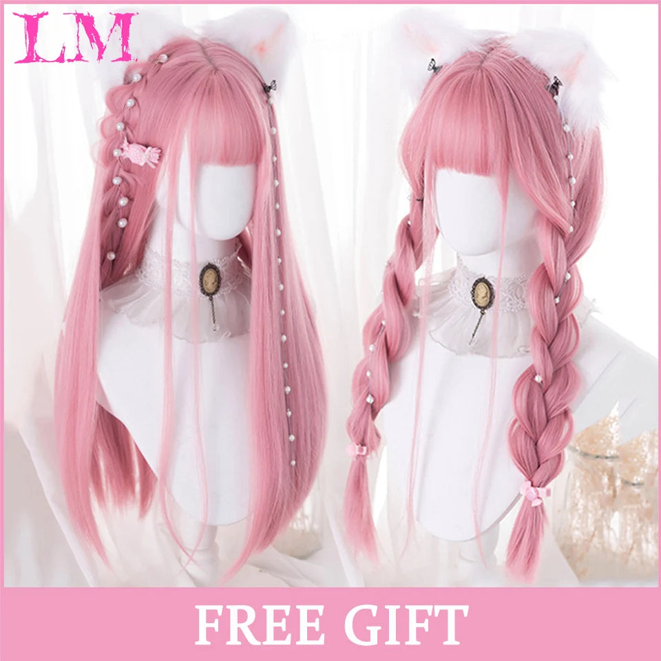 LM Long Natural Wavy Platinum Blonde Pink Wigs with Bangs Cosplay Party Lolita Synthetic Wigs for Women Heat Resistant Fiber