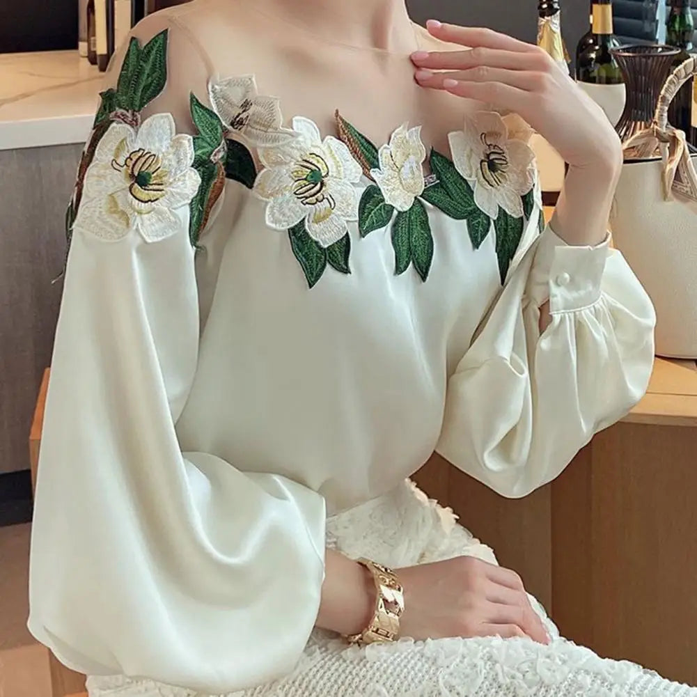 KIMLUD, Elegant Women Blouse Satin Embroidered Gauze Lady Shirt Top Long Sleeve Breathable Chiffon Blouse Summer, KIMLUD Womens Clothes