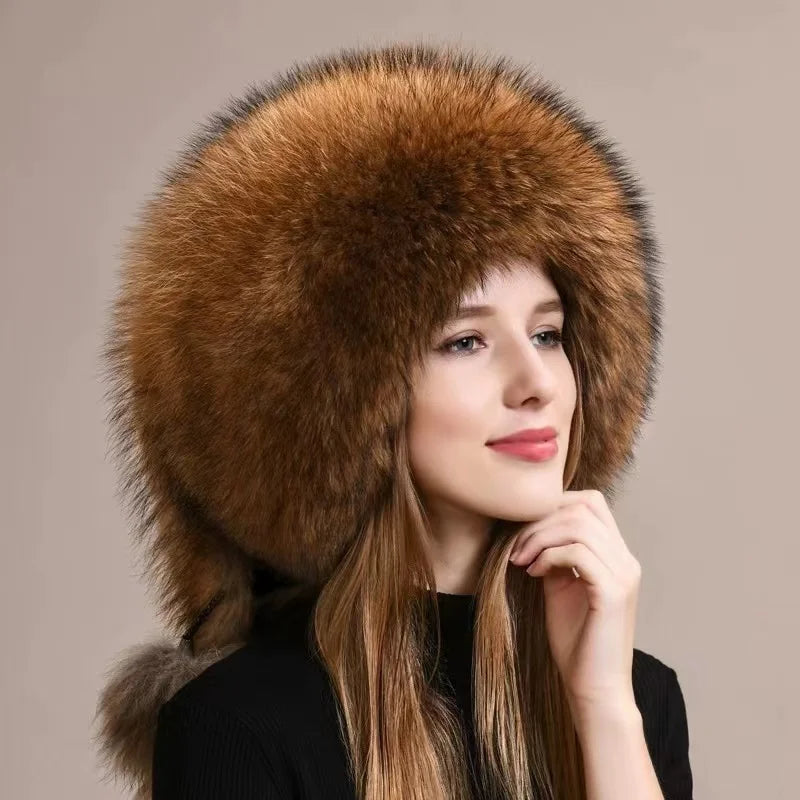 Real Fox Fur Hat For Women Winter Thickened Warm Natural Fur Princess Hat Adjustable Russians Cap Real Raccoon Fur Bomber Caps