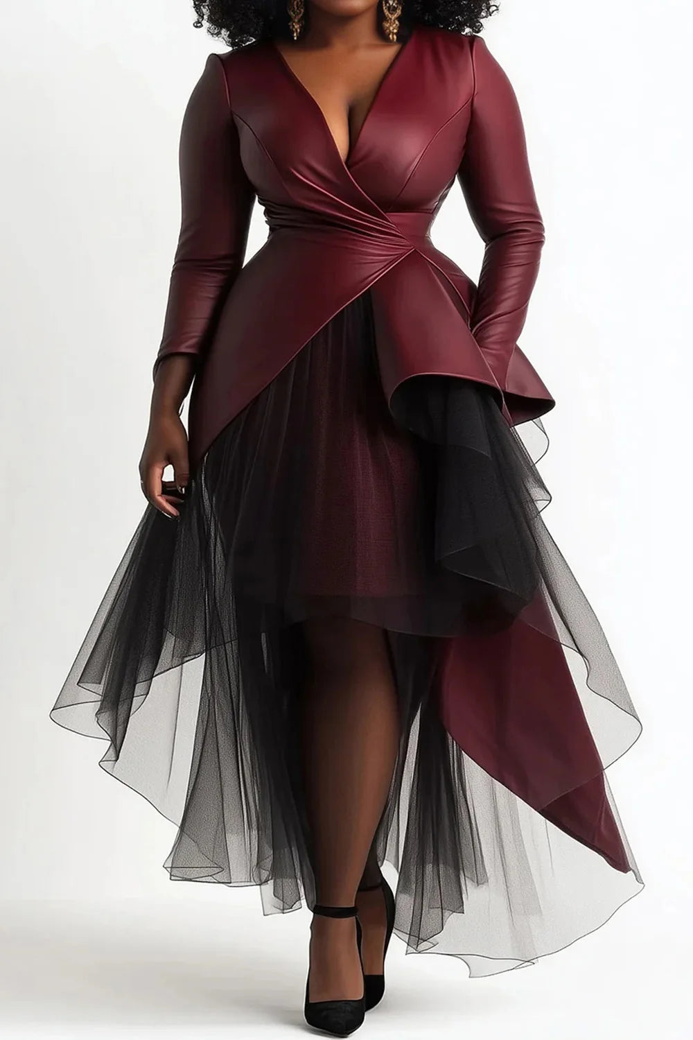 Plus Size Cocktail Party Burgundy Wrap Neck Long Sleeve Asymmetric Hem Contrast Tulle PU Leather Midi Dresses - KIMLUD