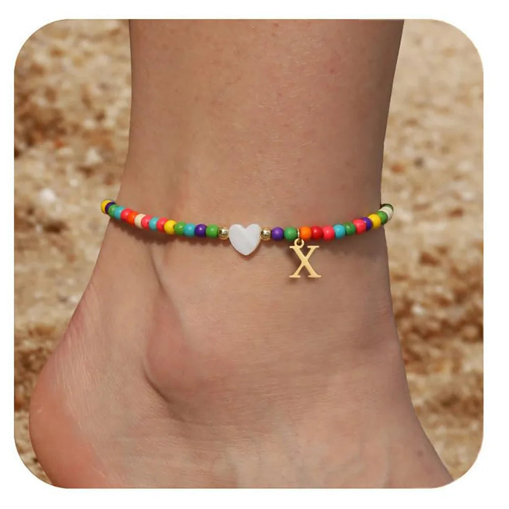 KIMLUD, Rainbow Round Beads Anklet Stainless Steel Love Heart 26 Letters A-Z Pendant Anklets For Women Boho Gold Color Ankle Bracelet, X, KIMLUD APPAREL - Womens Clothes