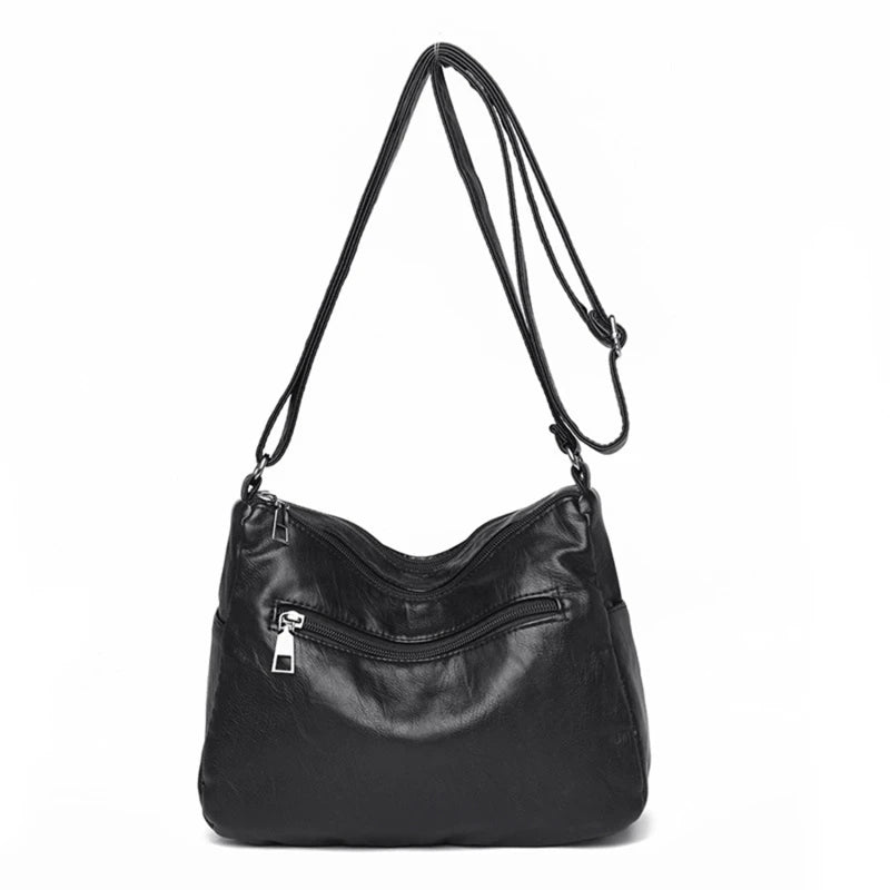 Women's Multi Zipper Shoulder Bag, Versatile Solid Color Faux Leather Crossbody Bag - KIMLUD