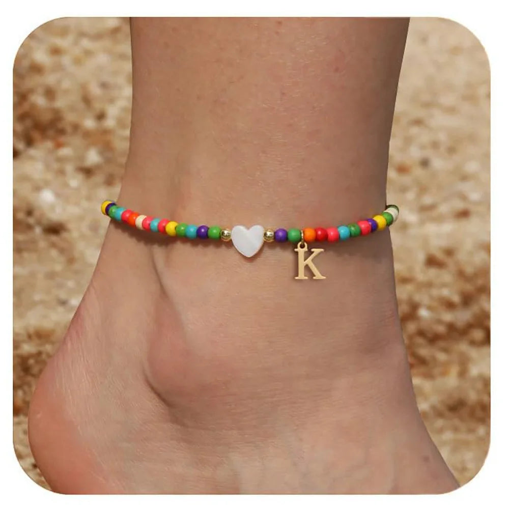 KIMLUD, Rainbow Round Beads Anklet Stainless Steel Love Heart 26 Letters A-Z Pendant Anklets For Women Boho Gold Color Ankle Bracelet, K, KIMLUD APPAREL - Womens Clothes