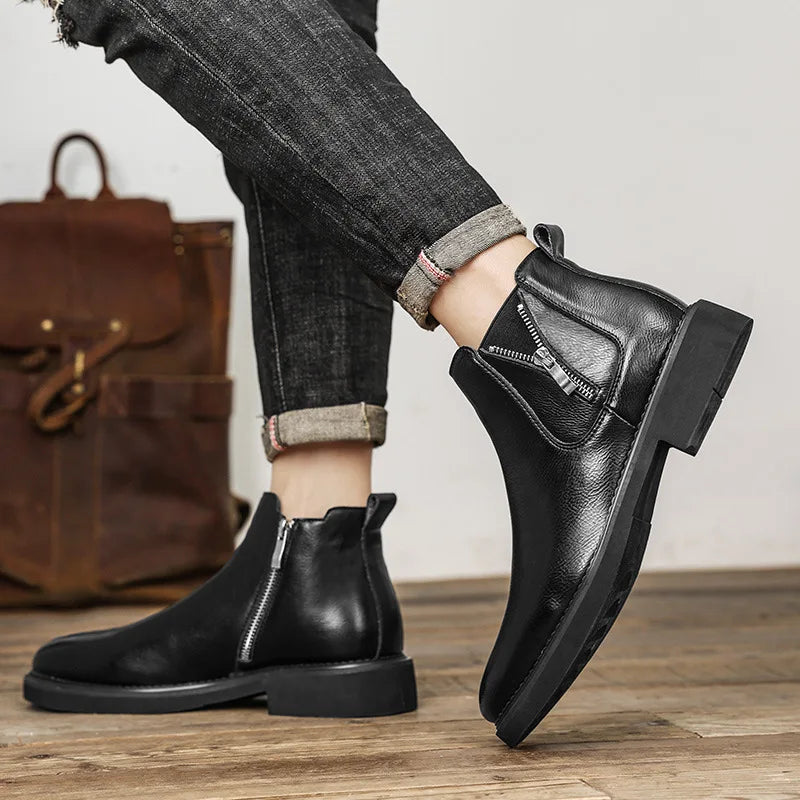 British Style Men's Chelsea Boots New Fashion Male Chelsea Boots Genuine Leather Elastic Strap Ankle Boots Business Dress Shoes