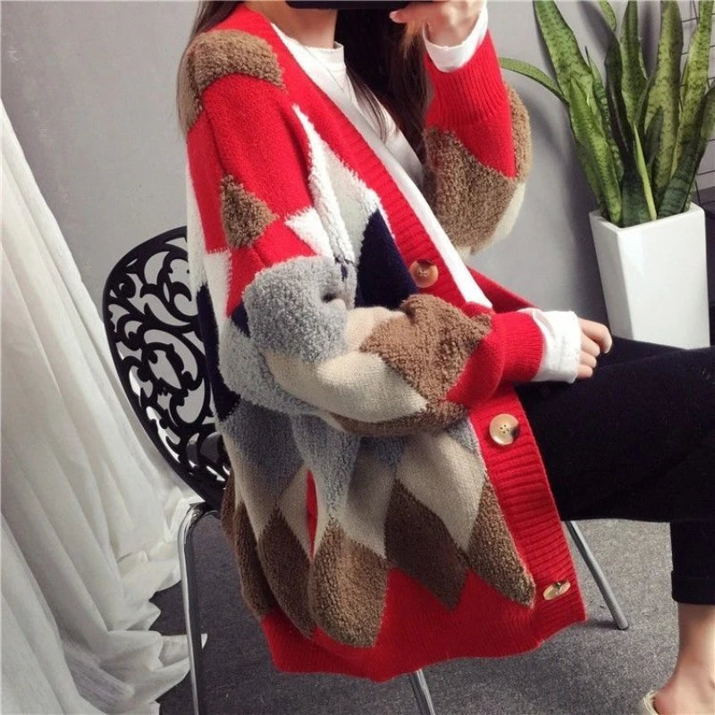 KIMLUD, Slouchy Style Sweater Women's Cardigan Loose Autumn and Winter Korean 2023 New Style Outerwear Knitted Jacket Medium Length, Letter red / S 45-52.5KG, KIMLUD APPAREL - Womens Clothes