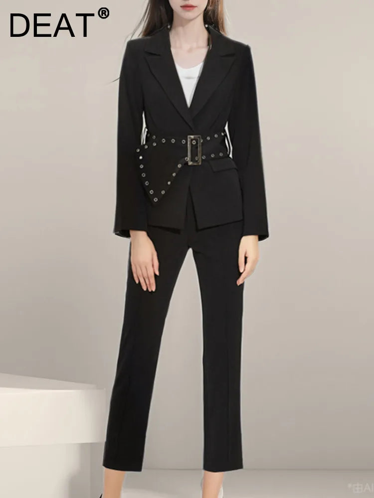 DEAT Women 2024 Autumn 2 Piece Pants Set Long Sleeve Spliced Lapel Tops Office Lady Pants Female Solid Suits New Models 15C479